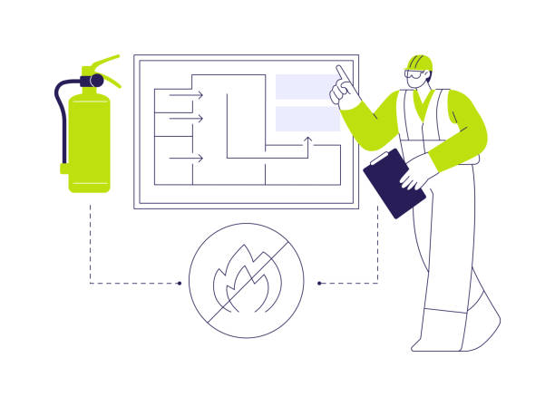 Evacuation plan abstract concept vector illustration. Group of workers preparing the fire emergency plan, warning strategy development, commercial construction, interior works abstract metaphor.