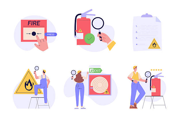 Fire safety control vector illustration set. Firefighter inspector elements, firefighter equipment, fire extinguisher box, alarm system. Collection of fire inspection checklist, alarm system button